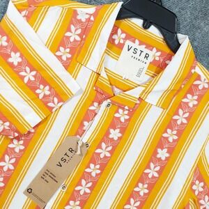 VSTR‎ Premium Shirt Mens Large Orange Short Sleeve Striped Button Up Viscose